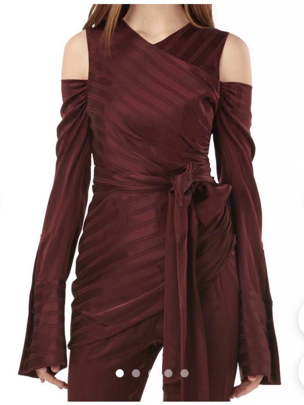 AMUR Burgundy Satin Cold-Shoulder Wrap Top